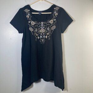 Womens Terre Bleue Floral Embroidered Top Asymmetrical M‎ Black Cotton